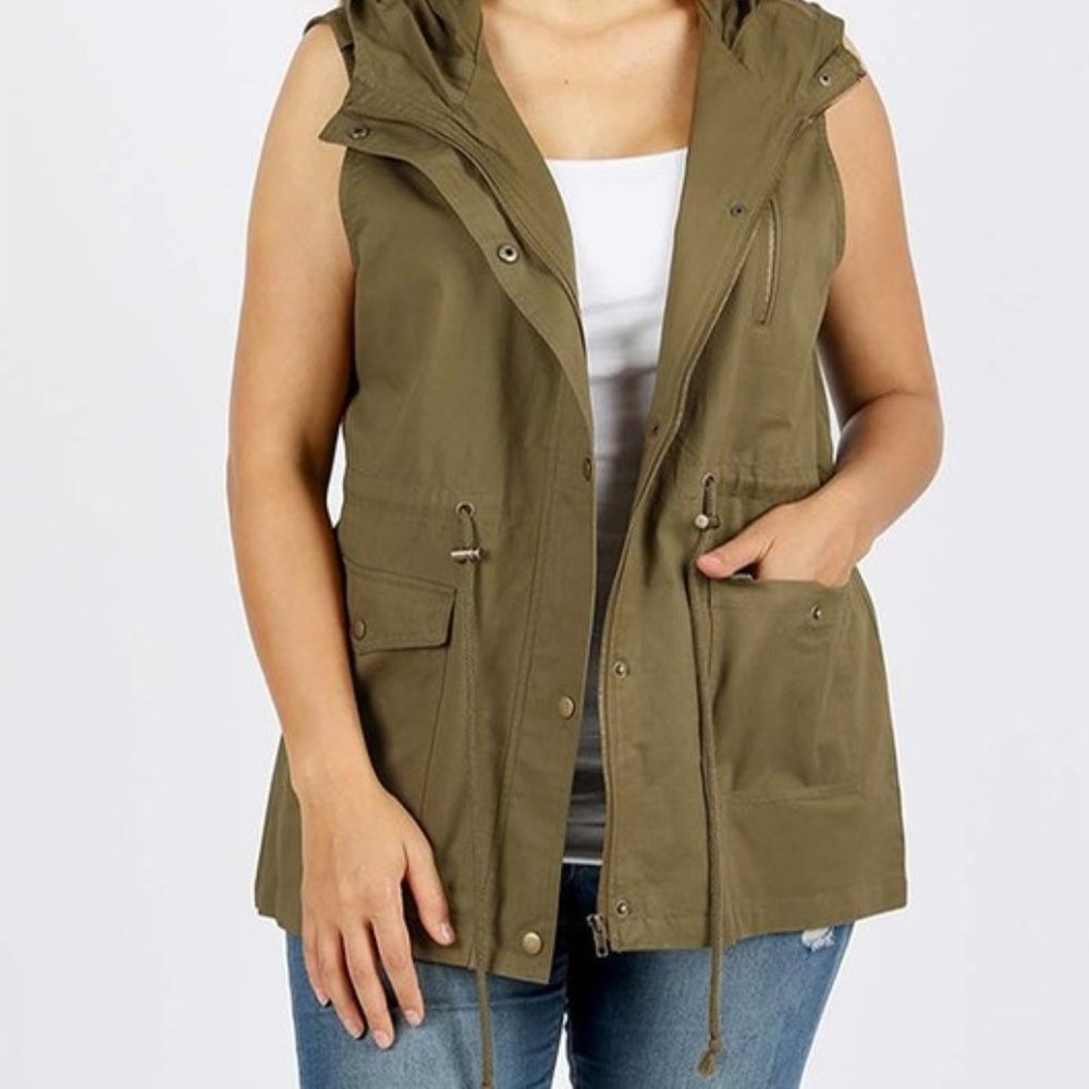 Brand new/never worn olive green utility vest with attached hoodie